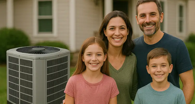 a family outside the house smiling at the camera with a new AC unit next to them from Leander Air Conditioning Repair in Leander, TX - Emergency AC Repair Near Me