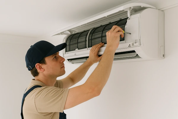 a male hvac technician checking a mini split AC unit from Leander Air Conditioning Repair in Leander, TX - Emergency AC Repair Near Me