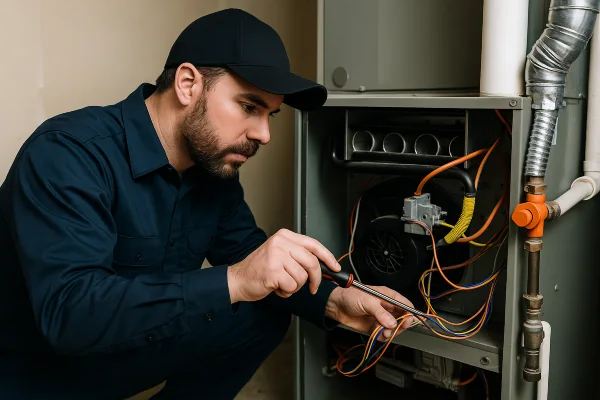 a male hvac technician checking a furnace wiring from Leander Air Conditioning Repair in Leander, TX - Emergency AC Repair Near Me