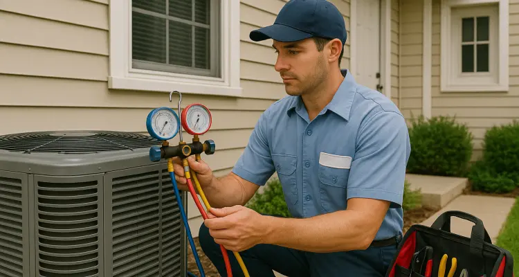 an hvac technician in uniform using the manifold gauge to test an ac unit from Leander Air Conditioning Repair in Round Rock, TX - round-rock-tx