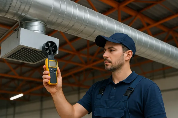 an hvac technician holding a wireless temperature meter to check a vent temperature from Leander Air Conditioning Repair in Round Rock, TX - round-rock-tx