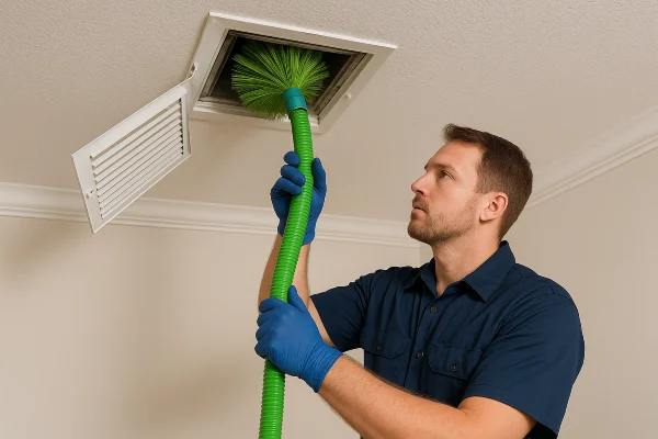 an hvac technician cleaning the ducts with a machine from Leander Air Conditioning Repair in Round Rock, TX - round-rock-tx