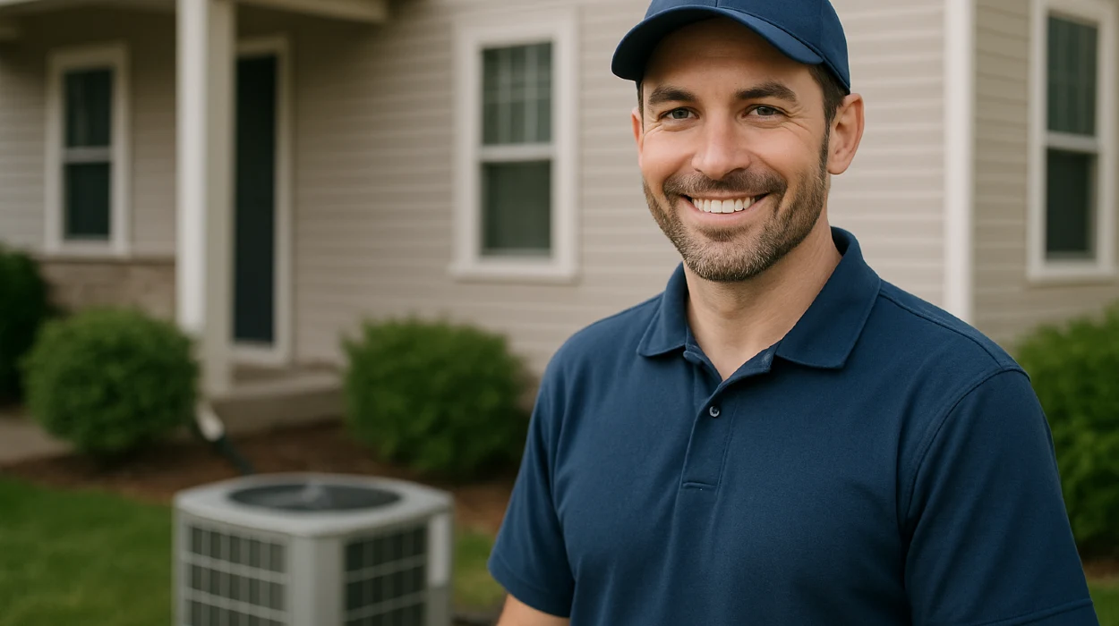 an hvac technician on the front porch smiling at the camera and an AC unit next to him from Leander Air Conditioning Repair in Leander, TX - Heating And Cooling Contractors Near Me