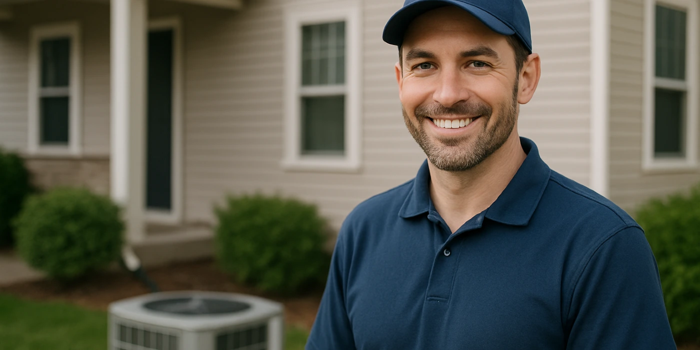 an hvac technician on the front porch smiling at the camera and an AC unit next to him from Leander Air Conditioning Repair in Leander, TX - Heating And Cooling Contractors Near Me
