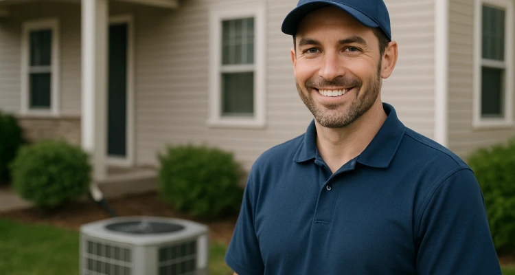 an hvac technician on the front porch smiling at the camera and an AC unit next to him from Leander Air Conditioning Repair in Leander, TX - Heating And Cooling Contractors Near Me