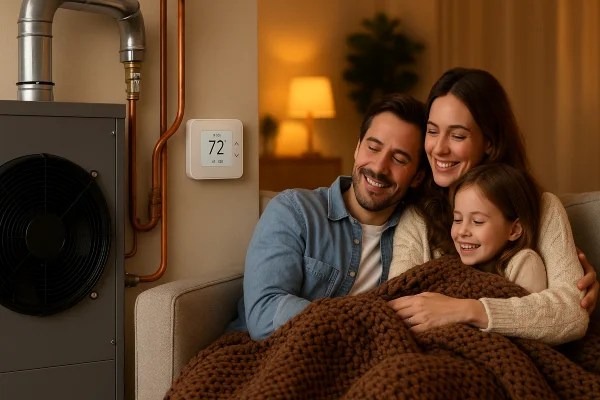 a family cuddling on the couch next to the house furnace from Leander Air Conditioning Repair in Leander, TX - Heating And Cooling Contractors Near Me