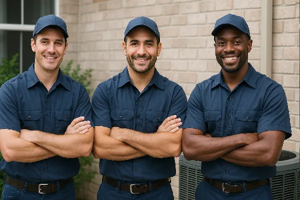 3 hvac technician ouside a house smiling at the camera from Leander Air Conditioning Repair in Leander, TX - Heating And Cooling Contractors Near Me