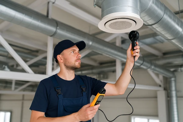 a male hvac technician measuring the temperature with a device from Leander Air Conditioning Repair in Georgetown, TX - georgetown-tx