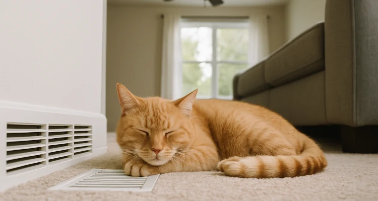 an orange cat laying on the carpet next to an AC vent from Leander Air Conditioning Repair in Leander, TX - HVAC Repair Leander