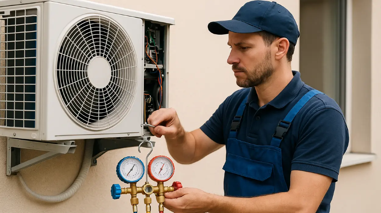 a male hvac technician checking an ac unit from Leander Air Conditioning Repair in Leander, TX - Hvac Technician 