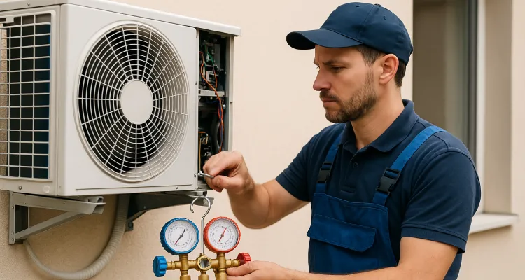 a male hvac technician checking an ac unit from Leander Air Conditioning Repair in Leander, TX - Hvac Technician 