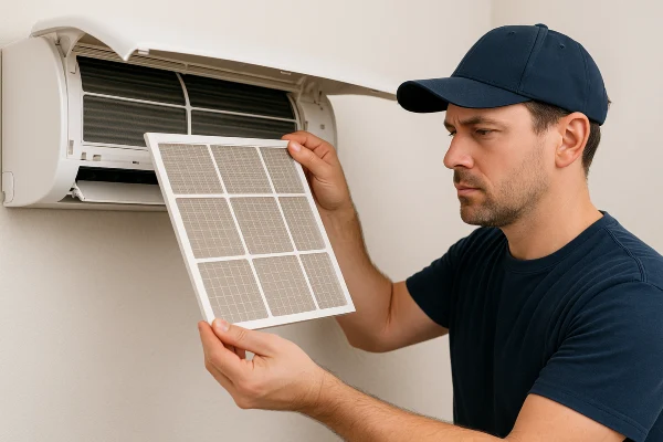 a male hvac technician replacing an ac filter from Leander Air Conditioning Repair in Leander, TX - Hvac Technician 