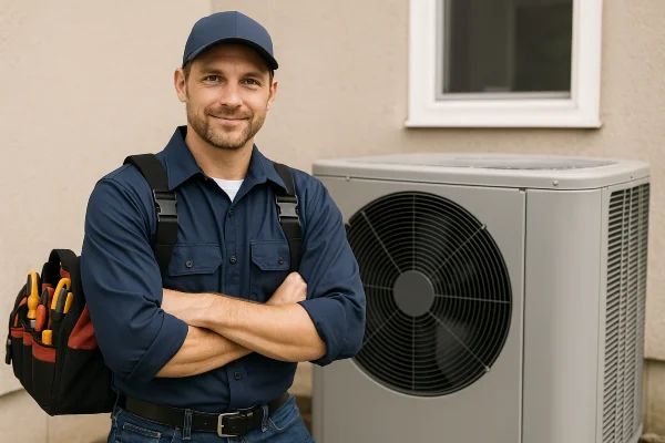 a male hvac technician with a tool bag smiling at the camera from Leander Air Conditioning Repair in Leander, TX - Leander Air Conditioning Company