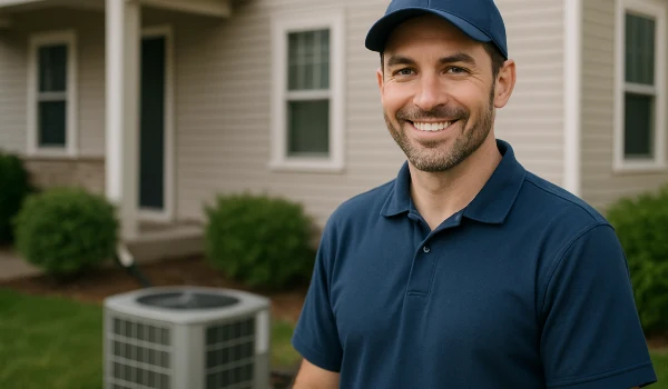 an hvac technician on the front porch smiling at the camera and an AC unit next to him from Leander Air Conditioning Repair in Leander, TX - Mini Split Installation Near Me